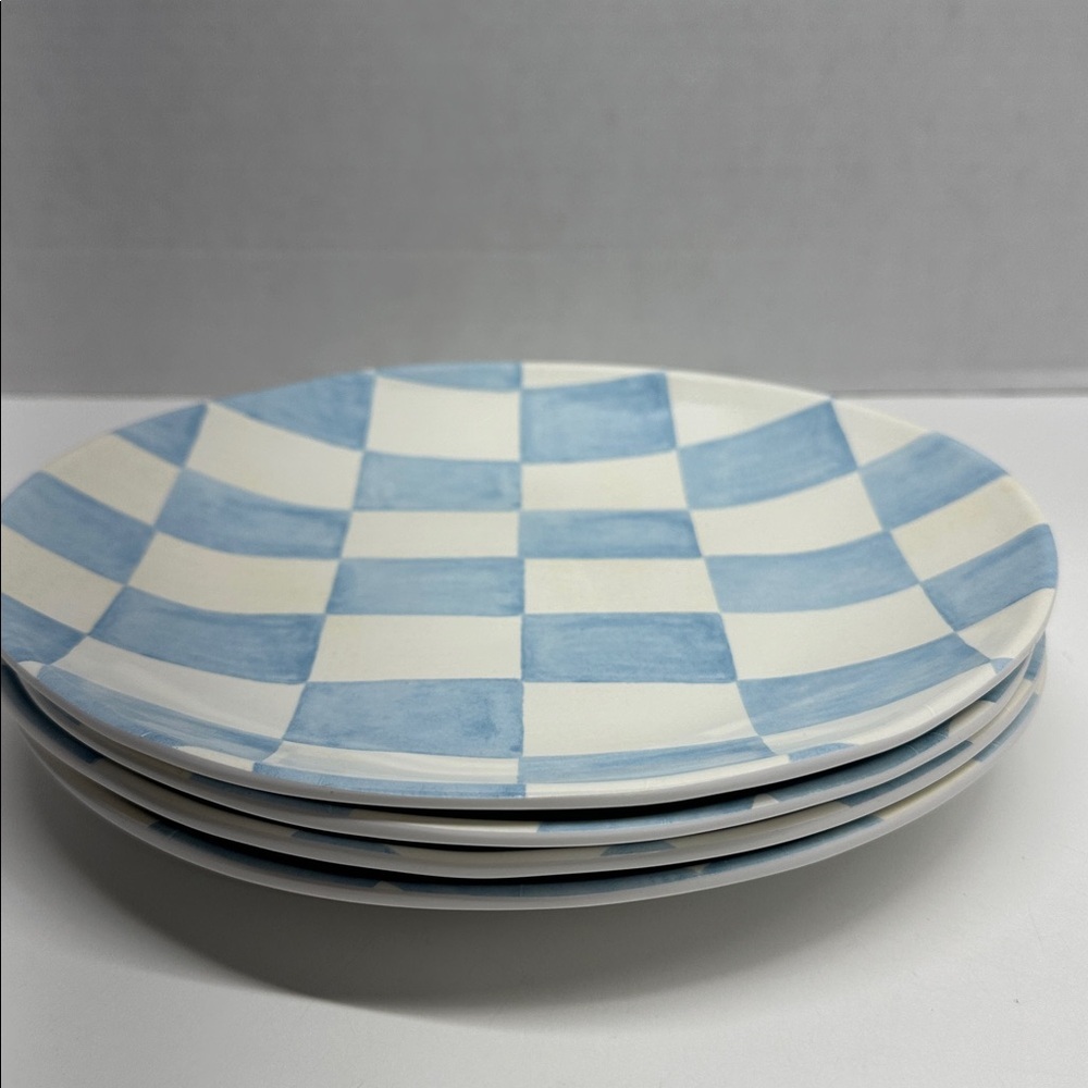 Blue White Checkered Melamine Round 8.5" Salad Plates Indoor Outdoor Set of 4 - Picture 2 of 7
